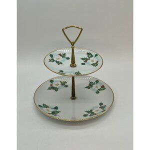 Vintage Christmas White/Green Two Tiered Handled Snack/Appetizer Serving Tray